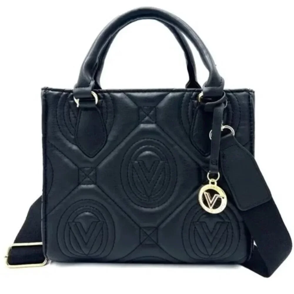 Vince Camuto Black Quilted Leather Satchel with Gold Charm